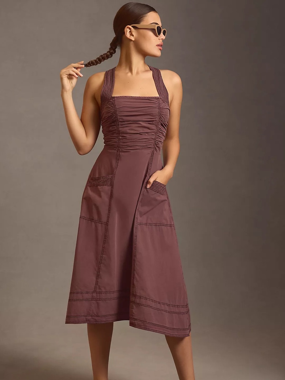Anthropologie PILCRO ruched brown square neck midi dress medium